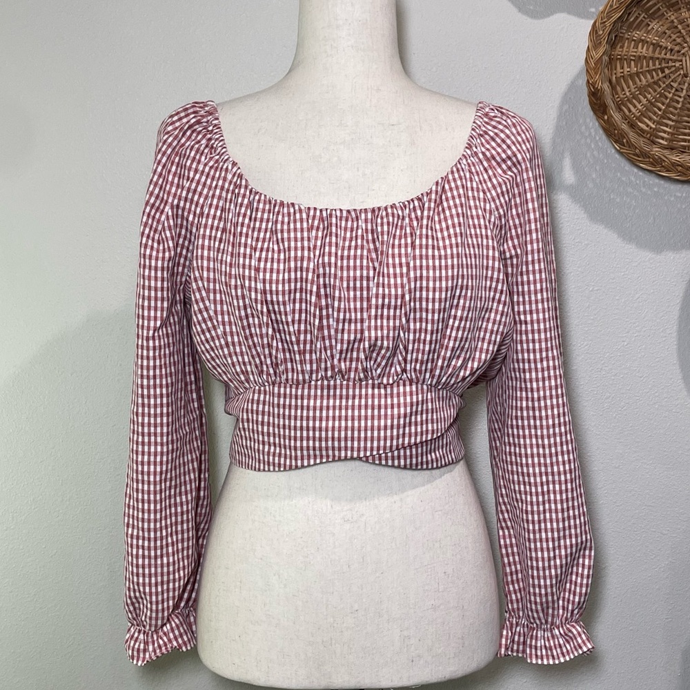 Red & White Checkered Prairie Long Sleeve Tie Back Shirt Top Size X-Large